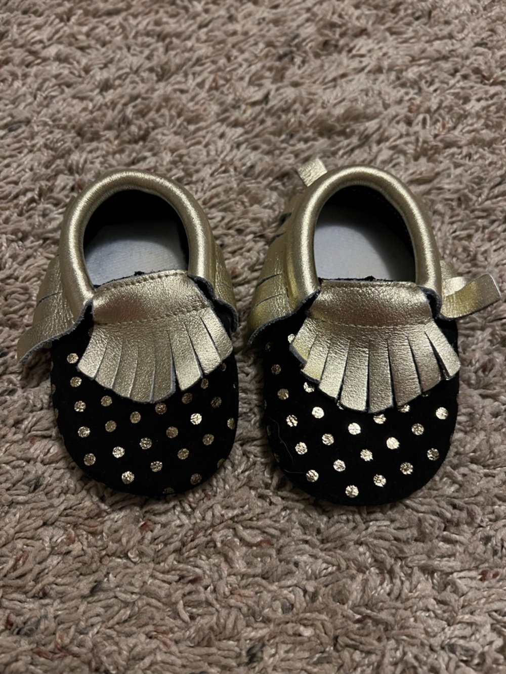 Metallic Gold & Black Polka Dot Baby Moccasins - Soft Slip-On